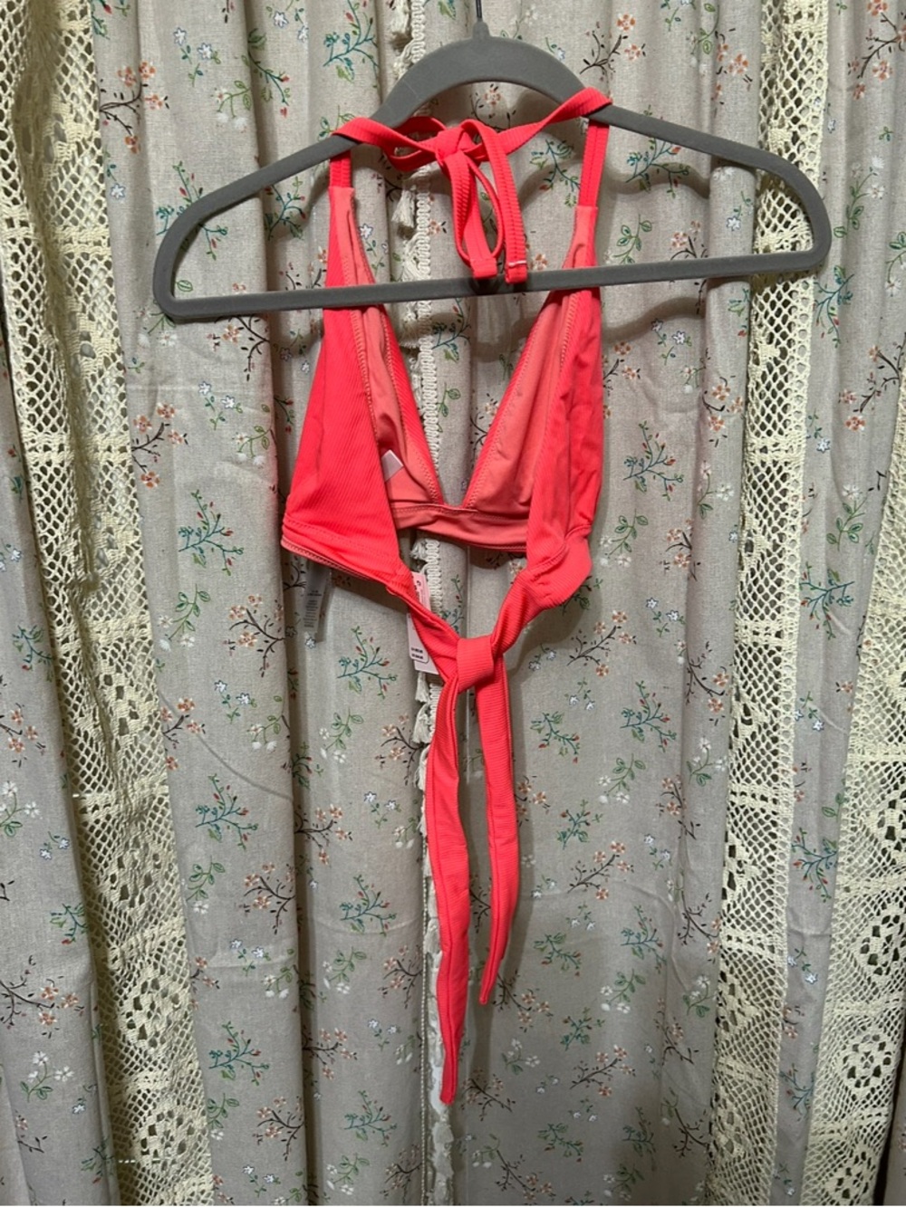 Victoria’s Secret Swim Neon Coral Ribbed Bikini Top Large Halter Triangle - Picture 4 of 4
